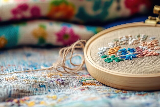 haftowane wzory na tle drewnianego stołu